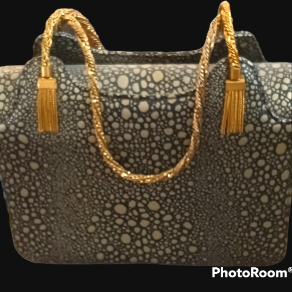 Magda Makkay vintage 1960's handbag/evening bag. Embossed leather, black/gold👜